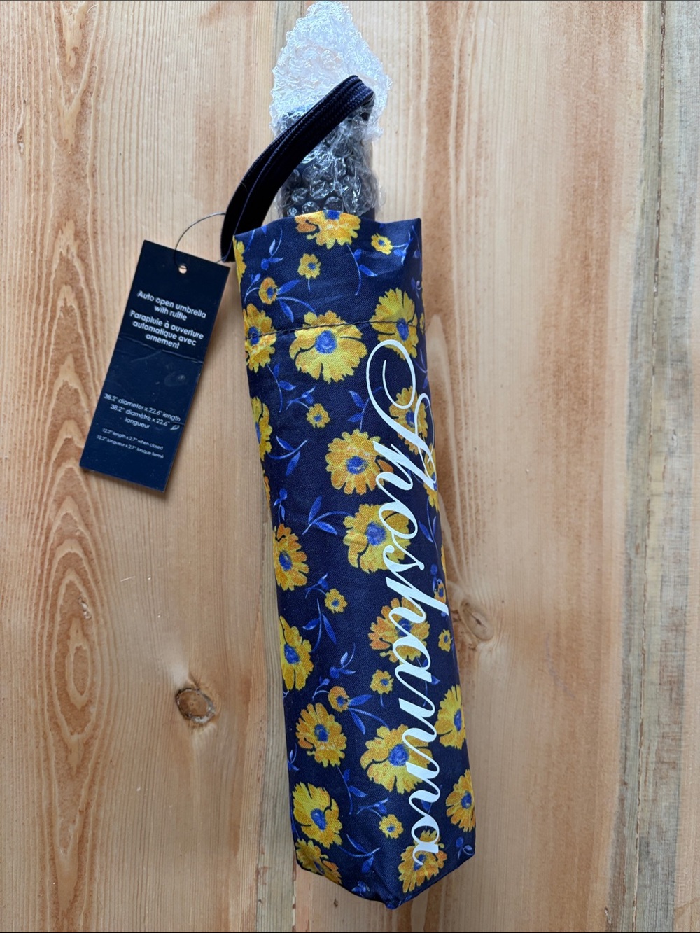 Shoshanna Navy Floral Compact Umbrella with Yellow Blooms, Ruffle NWT